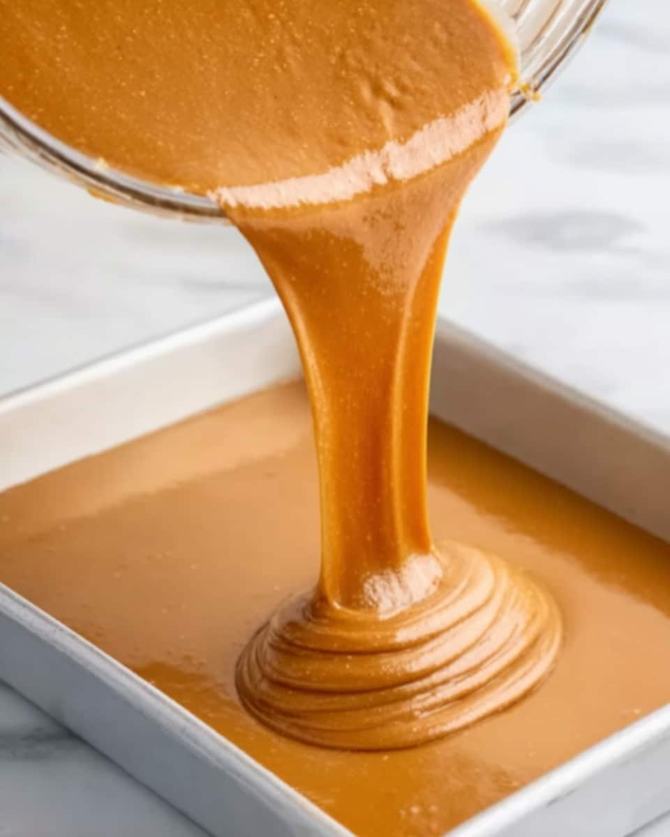 The image shows thick, smooth caramel-colored batter being poured from a clear glass bowl into a white baking pan. The batter has a shiny, creamy texture and flows in a steady stream, filling the pan evenly. The background is a white marbled surface, creating a clean and bright setting. Photo taken with an iphone --ar 4:5 --v 7