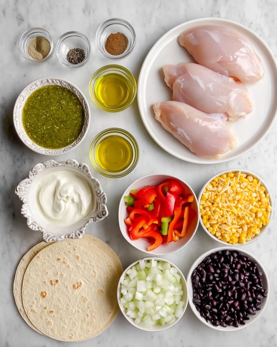 The image shows an arrangement of various ingredients placed on a white marbled surface. In the top right, there is a white plate holding four pieces of raw chicken. Surrounding this are several small white bowls filled with different items: green sauce in the top left, salt, black pepper, and brown spice in tiny glass bowls near the top center, olive oil in a small glass bowl to the left of center, white creamy sauce in a decorative white bowl below the oil, green salsa in a white bowl in the middle-right, sliced white onions and red bell peppers in a white bowl at the bottom left, a bowl of yellow corn next to it, a bowl of black beans to the right, shredded cheese in a smaller white bowl below the onions and peppers, and three soft tortillas stacked near the bottom right. Photo taken with an iphone --ar 4:5 --v 7