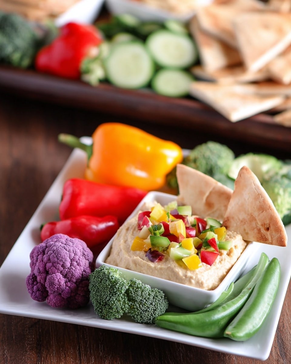 A white square plate holds a colorful arrangement of fresh vegetables and dip. The bottom layer is a smooth, creamy light beige dip topped with small diced pieces of red, yellow, and green vegetables, adding a mix of bright colors and texture. On the right side, there are two triangular pieces of light brown pita bread resting partly on the dip. Around the dip, fresh vegetables are placed: a small bright purple cauliflower floret on the bottom left, a bright orange mini bell pepper and a red mini bell pepper at the back, a green snap pea behind the peppers, a fresh green broccoli floret on the bottom right, and a slice of cucumber with dark green skin and pale green inside behind the broccoli. The background features a dark brown wooden surface with more pita chips and sliced cucumbers on a white plate blurred in the back, all photographed on a white marbled surface. Photo taken with an iphone --ar 4:5 --v 7