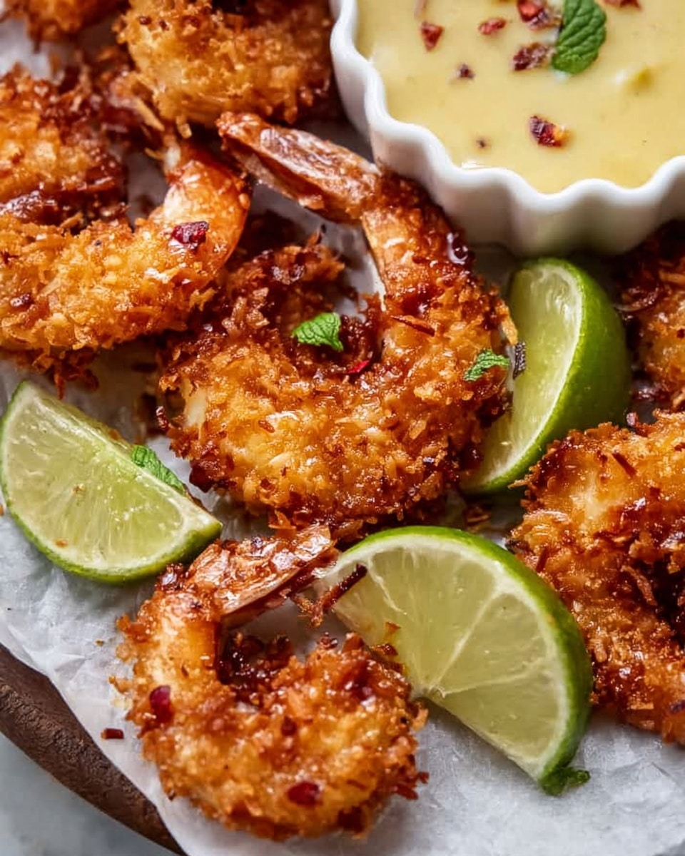 A close-up image of several crispy coconut shrimp with a rough, crunchy golden-brown texture, arranged on white parchment paper on a white marbled surface. There are small red chili flakes on the shrimp. Two wedge-shaped lime slices with bright green skin and light green inside are placed among the shrimp. In the top part of the image, there is a white bowl with scalloped edges holding creamy yellow dipping sauce with small bits on top, and a hint of green mint leaves is visible near the shrimp. Photo taken with an iphone --ar 4:5 --v 7