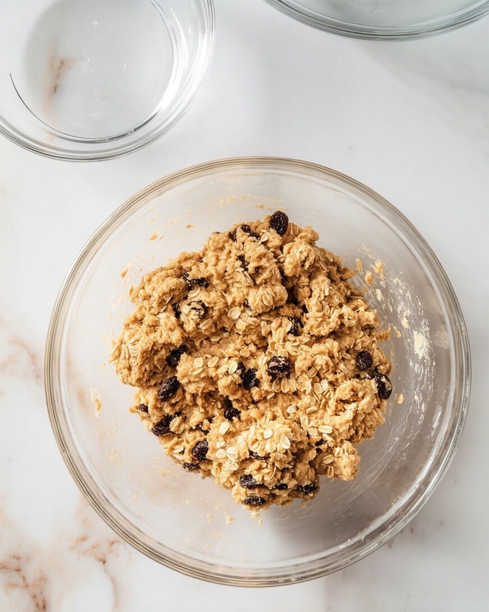 A clear glass bowl filled with thick, beige oat cookie dough mixed with dark raisins is placed on a white marbled surface. The dough looks rough and chunky with visible oat flakes and scattered raisins. Above it, there are two empty clear glass bowls, one medium and one small, adding a kitchen prep vibe. The scene is clean and bright with soft natural light. photo taken with an iphone --ar 4:5 --v 7