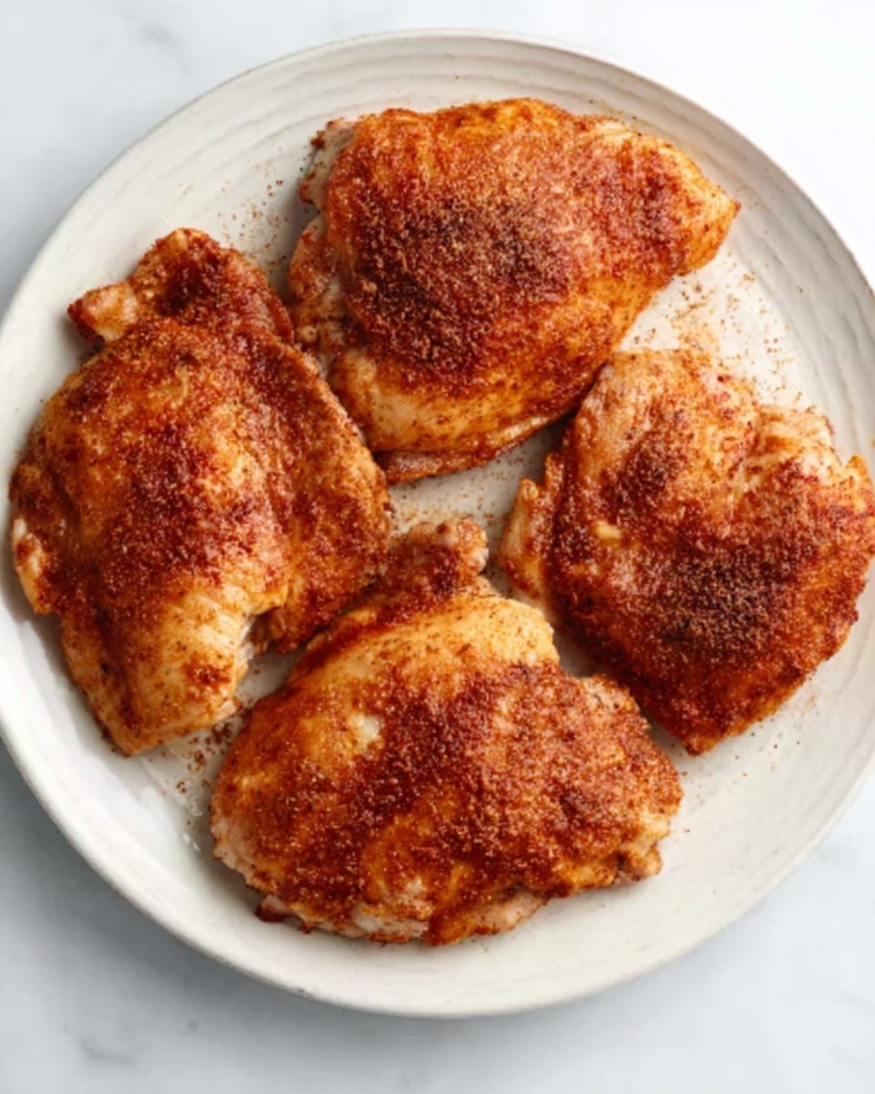 The image shows a white plate with five pieces of cooked chicken, each piece browned and seasoned with a reddish-brown spice on top. The chicken pieces are spread out closely but do not overlap. The texture of the chicken looks dry and slightly crispy on the edges, with light and dark golden-brown shades. The plate is set on a white marbled surface. Photo taken with an iphone --ar 4:5 --v 7