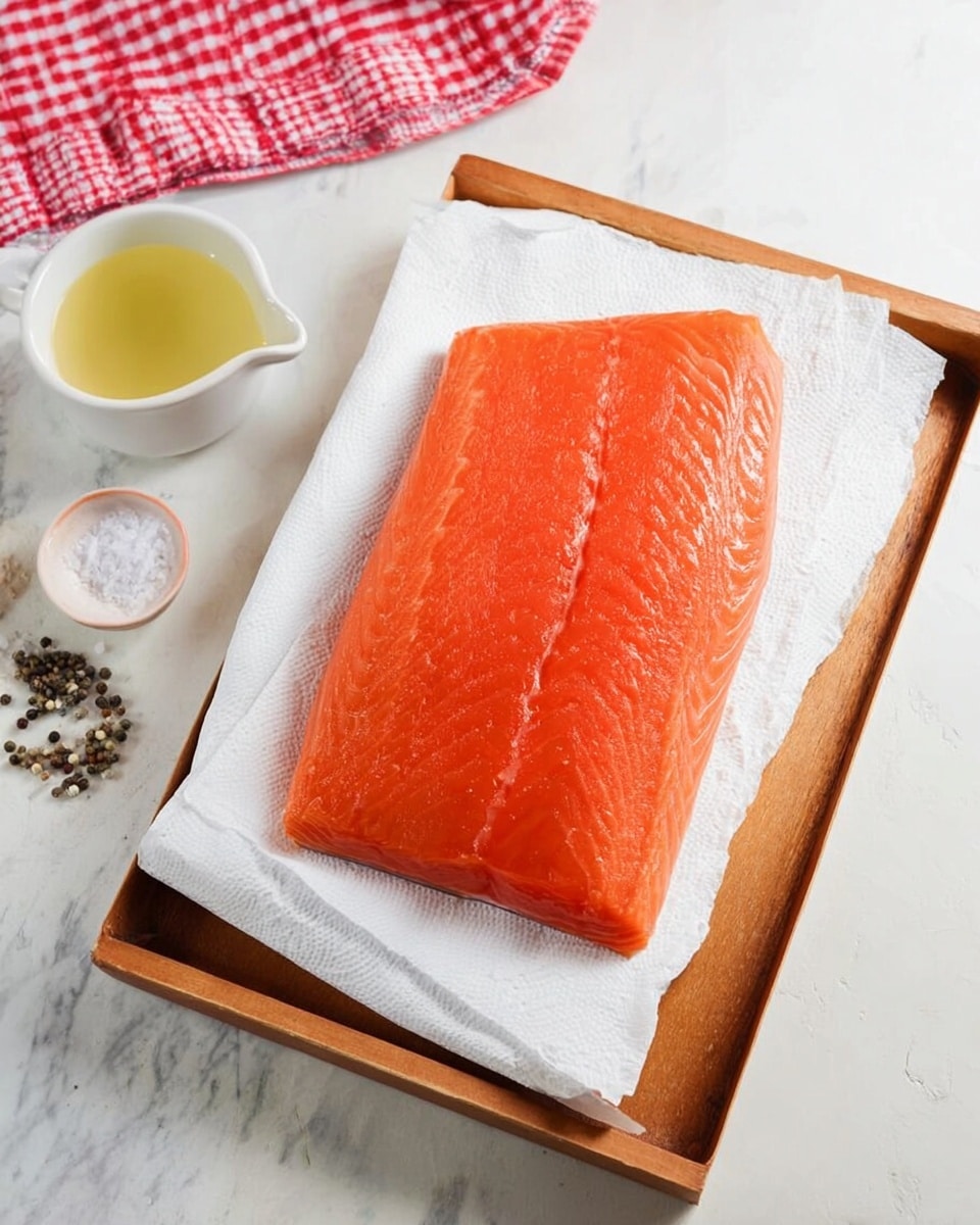 A single large, bright orange piece of raw salmon with smooth texture is placed on a stack of white paper towels, which lie on a wooden tray. Near the tray, on a white marbled surface, there is a small white cup filled with a light yellow liquid and a small white bowl holding salt and pepper. A red and white checkered cloth is partially seen in the top left corner. photo taken with an iphone --ar 4:5 --v 7