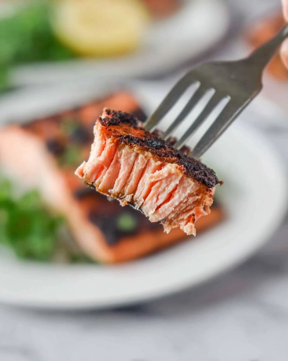 A close-up view shows a piece of cooked salmon held by a fork with a woman's hand in the blurred background. The salmon has visible layers of soft, pink flesh with a slightly charred, dark brown and black outer edge on top, showing a textured, grilled surface. In the blurry background below, there is a larger piece of salmon on a white plate with some green garnish, all set on a white marbled surface. Photo taken with an iphone --ar 4:5 --v 7