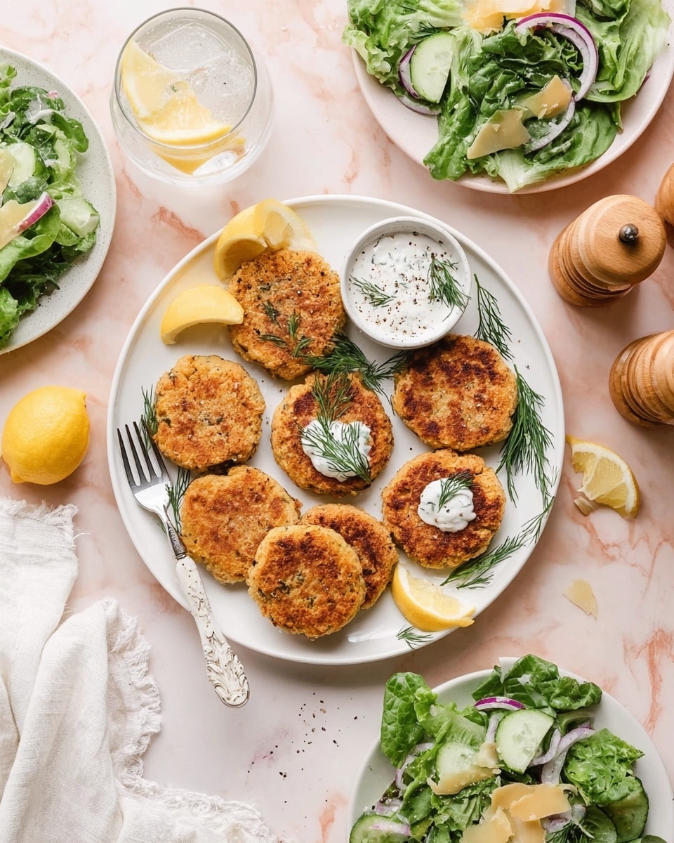 A white plate on a white marbled surface holds eight golden-brown patties with a crispy texture, some topped with a small dollop of white sauce and dill, arranged in a casual circle. There are lemon wedges placed along the edge of the plate and a small round bowl filled with white sauce garnished with black pepper and dill sits on the plate near the patties. A fork with a white handle rests at the top of the plate. Surrounding the plate, there are fresh green salads in white bowls with leafy greens, slices of cucumber, red onion rings, and shavings of a pale yellow cheese. A glass of iced water with a lemon slice, a halved lemon, a white cloth napkin, and wooden pepper mills are also seen on the white marbled surface. Photo taken with an iphone --ar 4:5 --v 7