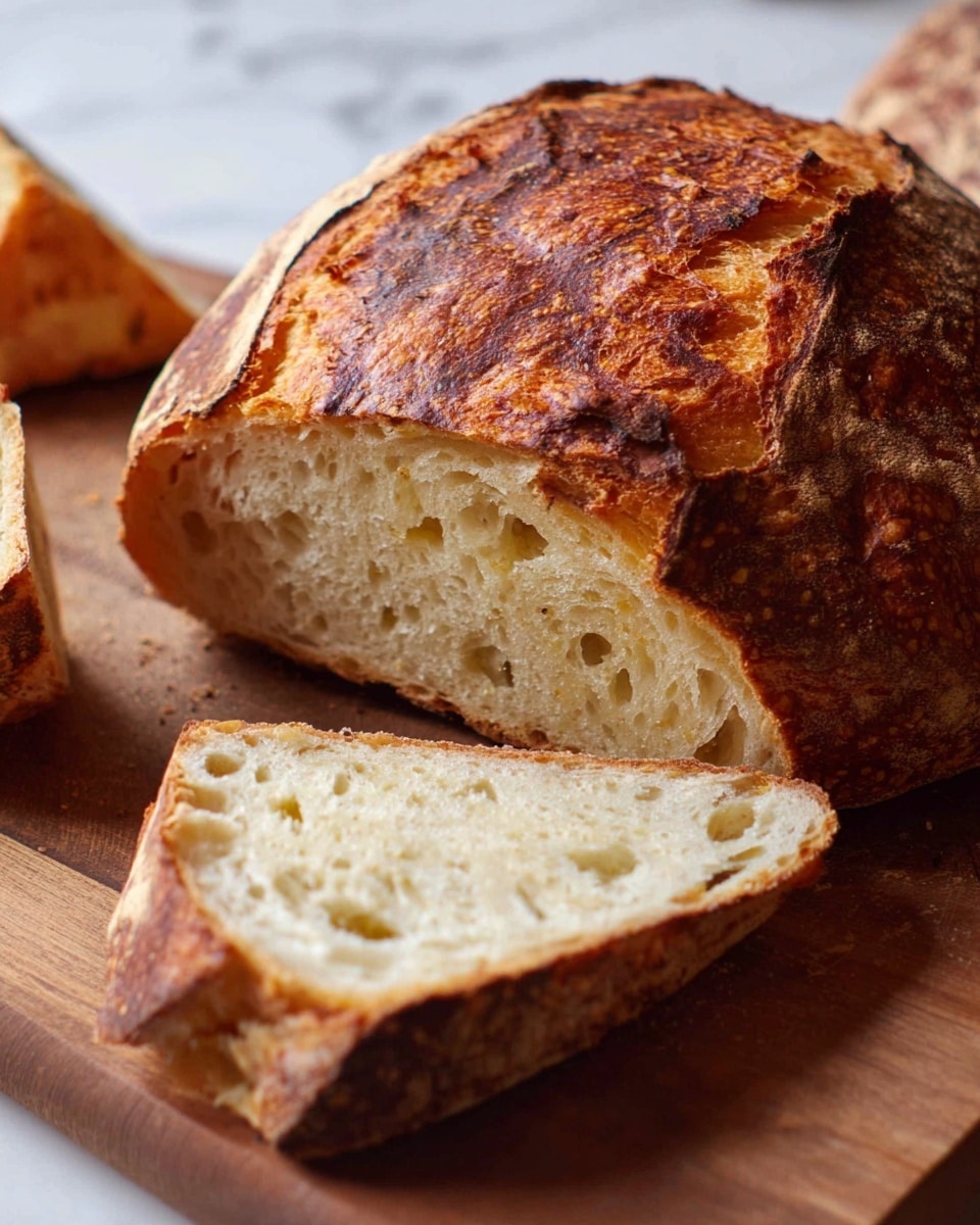 A close-up image of a round loaf of bread with a thick, dark golden-brown crust that looks crispy and textured. The loaf is sliced, showing the inside with an off-white, airy crumb that has some holes. Behind the main loaf, there are a few pieces of the sliced bread, one lying flat and another leaning against the loaf. The bread is placed on a wooden cutting board, set on a white marbled surface. Photo taken with an iphone --ar 4:5 --v 7