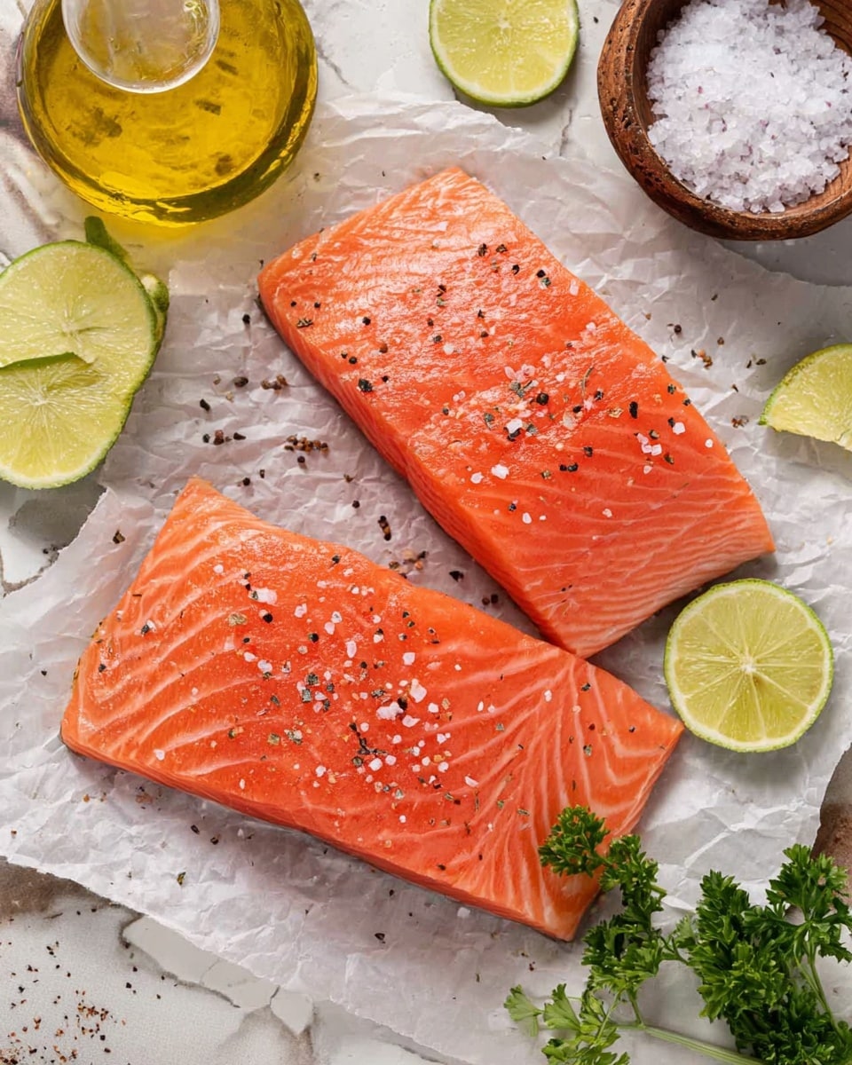 Two pieces of raw salmon fillets with a bright orange color are placed on a sheet of parchment paper on a white marbled surface. Each fillet is sprinkled with coarse black pepper and salt crystals. Around the salmon, there are lime wedges with a light green inside, a small bowl filled with coarse sea salt, a sprig of green parsley, and a glass bottle filled with yellow olive oil. The scene is well-lit, showing the fresh texture of the fish and the crispness of the other ingredients. Photo taken with an iphone --ar 4:5 --v 7