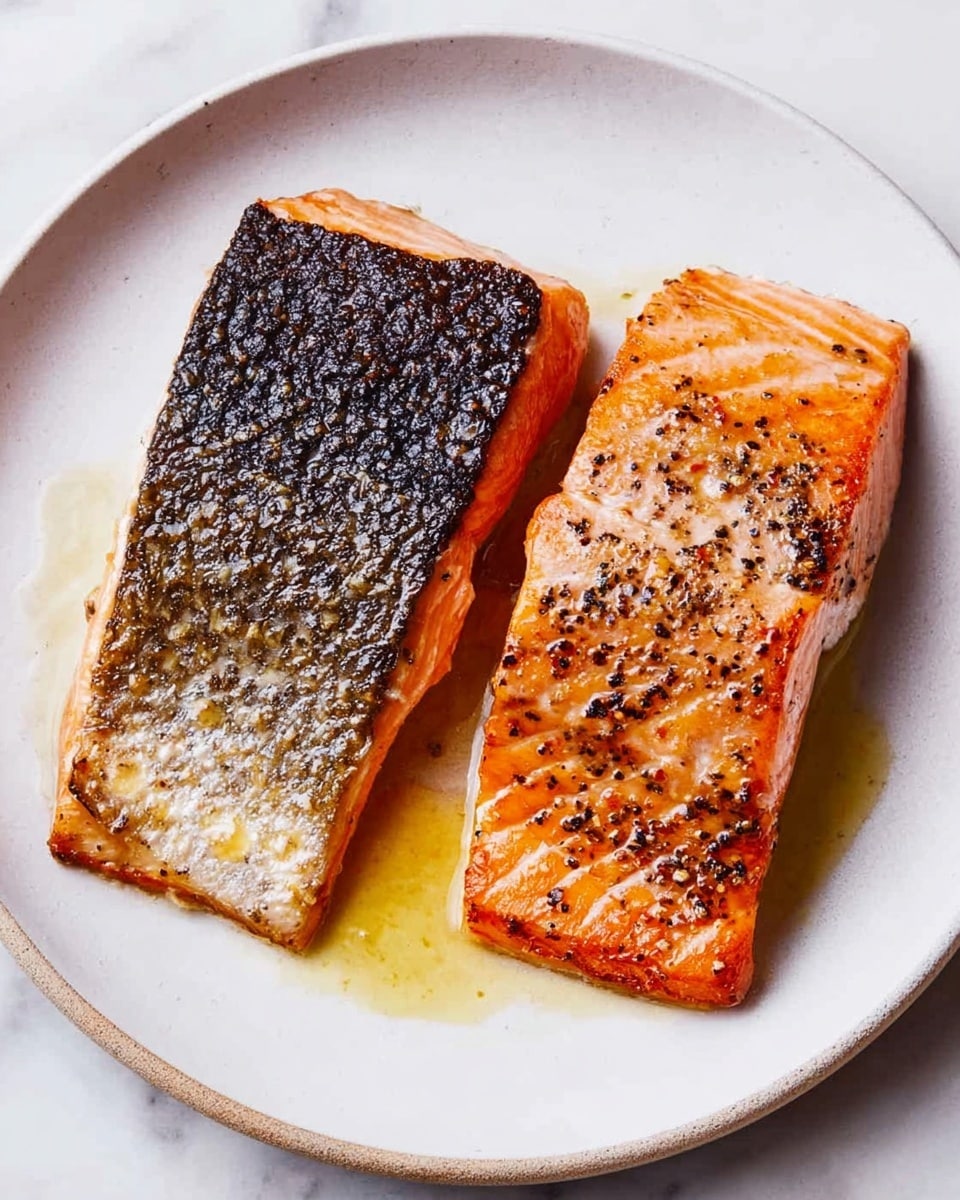 The image shows two cooked pieces of salmon on a white round plate placed on a white marbled surface. The piece on the left has a crispy, dark brown, slightly charred skin with a rough texture, while the flesh side is less visible but shows a light pink color. The piece on the right displays the salmon flesh side up, revealing an orange-pink color with visible grill or pan marks and black pepper seasoning spread across the surface. Both pieces have a small amount of oil or butter sauce pooling around them, adding a slight shine to the plate. photo taken with an iphone --ar 4:5 --v 7