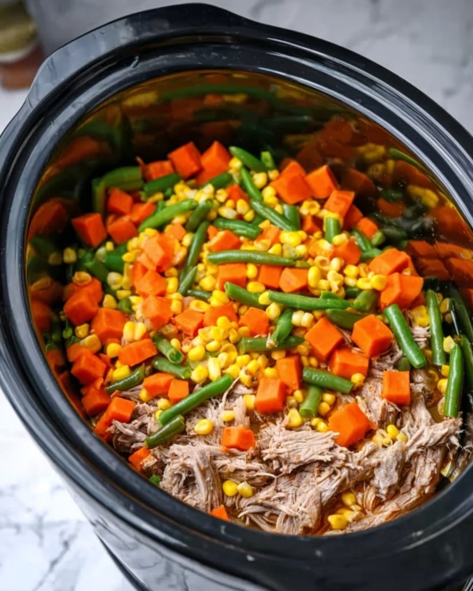 The image shows a slow cooker filled with shredded light brown cooked meat at the bottom layer. On top of the meat, there is a colorful mix of diced bright orange carrots, yellow corn kernels, and cut green beans. The slow cooker is black and sits on a white marbled surface with a partial view of seasoning jars nearby. photo taken with an iphone --ar 4:5 --v 7