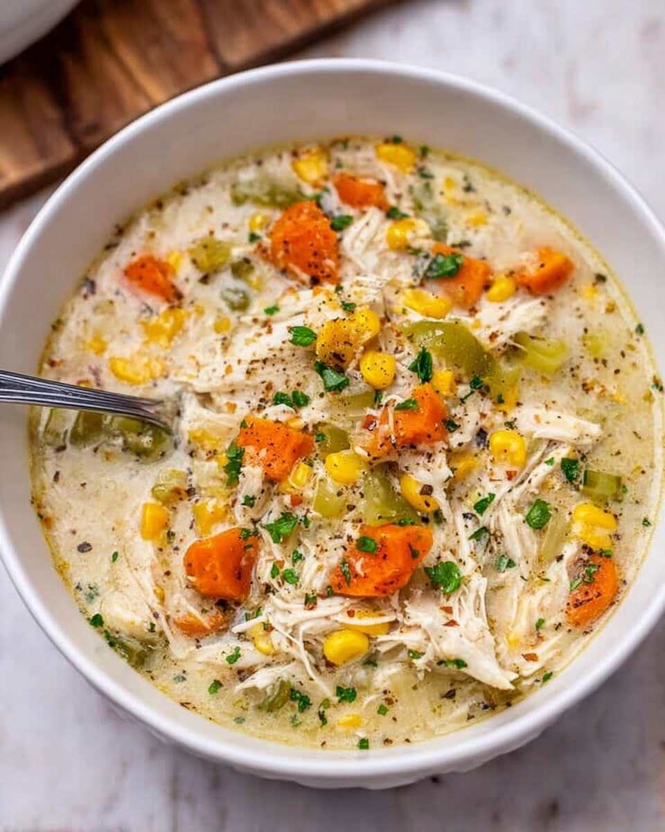 A white bowl filled with creamy chicken and vegetable soup sits on a white marbled surface. The soup has visible layers of shredded white chicken mixed with soft orange carrot cubes, bright yellow corn kernels, and small pieces of green celery. The broth is thick and pale with specks of green herbs and black pepper sprinkled on top. A silver fork rests inside the bowl on the left side. photo taken with an iphone --ar 4:5 --v 7