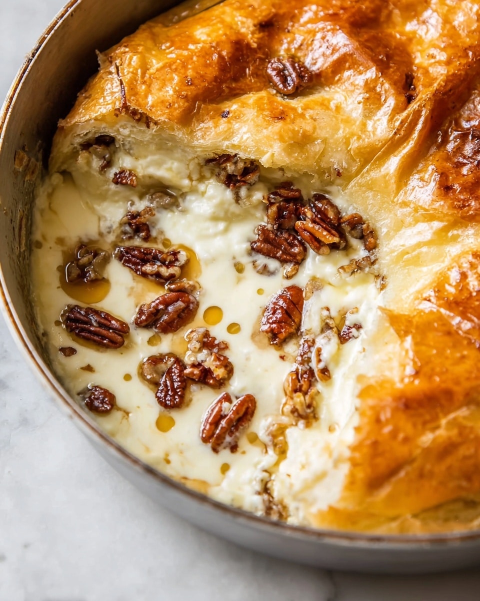 The image shows a close-up of a baked dish in a round pan with a golden brown crust on top that is crisp and flaky, partially folded back to reveal the inside. Under the crust, there is a creamy white melted layer with small pools of brown syrup or sauce. Scattered on the creamy layer are chopped pecan nuts with a shiny texture from the sauce. The pan sits on a white marbled surface. photo taken with an iphone --ar 4:5 --v 7