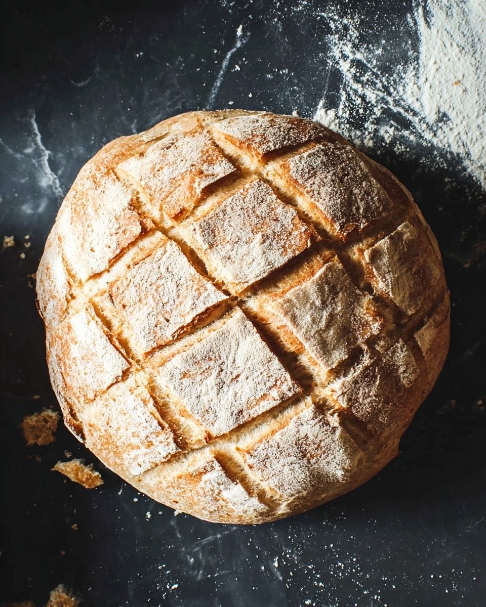 A round loaf of bread with a light brown, crispy crust and a dusting of flour on top is shown from above. The crust has a pattern of shallow square cuts forming a grid across the surface. The bread rests on a dark surface with small crumbs scattered around it, and a white marbled texture is visible in the background. photo taken with an iphone --ar 4:5 --v 7