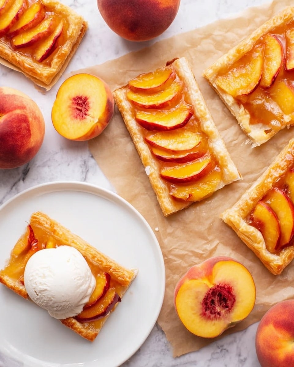 The image shows several rectangular pieces of peach tart with three main layers: a base layer of golden-brown puff pastry, a middle layer of soft peach slices arranged in a slightly curved overlapping pattern with reddish-orange skin and yellow flesh, and one piece topped with a round scoop of white ice cream. The tarts are placed on light brown parchment paper on a white marbled surface, with some whole peaches and peach slices scattered around. One white plate holds a single tart piece with ice cream on top. The overall look is bright and fresh with warm and cool tones. photo taken with an iphone --ar 4:5 --v 7