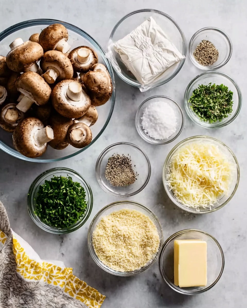 A white marbled surface with several clear glass bowls arranged neatly, each holding different ingredients: a large bowl full of whole brown mushrooms, a small square of paper-wrapped white cheese, a bowl of white salt, a bowl of finely chopped green herbs, a bowl of yellowish grated cheese, a small bowl of white minced garlic, a bowl of bright green chopped parsley, a bowl of golden breadcrumbs, a bowl of cracked black pepper, and a small square slice of pale yellow butter. A woman's hand is partially visible near the bottom left corner, holding a towel with a yellow and gray pattern. photo taken with an iphone --ar 4:5 --v 7