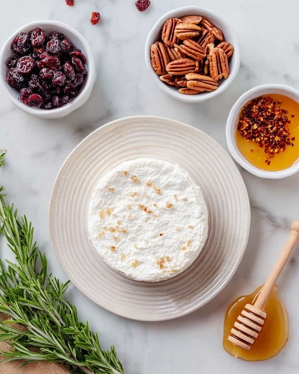 A round layer of soft white cheese sits in the center of a white plate with vertical ridges on the edges. Around it are four small white bowls, each holding different ingredients: one with dark red dried cranberries, one with whole pecans in a rich brown color, one with small red chili flakes, and one with golden honey next to a wooden honey dipper. In the lower left corner, a fresh green rosemary sprig adds a natural touch. All items are placed on a white marbled surface. Photo taken with an iphone --ar 4:5 --v 7