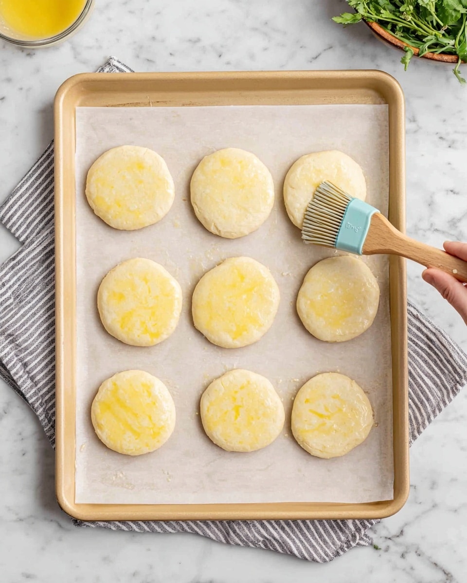 The image shows a beige baking tray lined with white parchment paper, holding nine round dough discs arranged in three rows of three. Each dough disc is pale with a slight brush of yellow, likely from egg wash, giving them a subtle glistening texture. A woman's hand is holding a wooden brush with light blue silicone bristles, gently applying the yellow glaze on the top left dough circle. The tray rests on a white marbled surface, with a faint striped cloth partially visible underneath the bottom edge, a small bowl of yellow glaze in the upper left corner, and fresh green herbs in the top right corner. Photo taken with an iphone --ar 4:5 --v 7