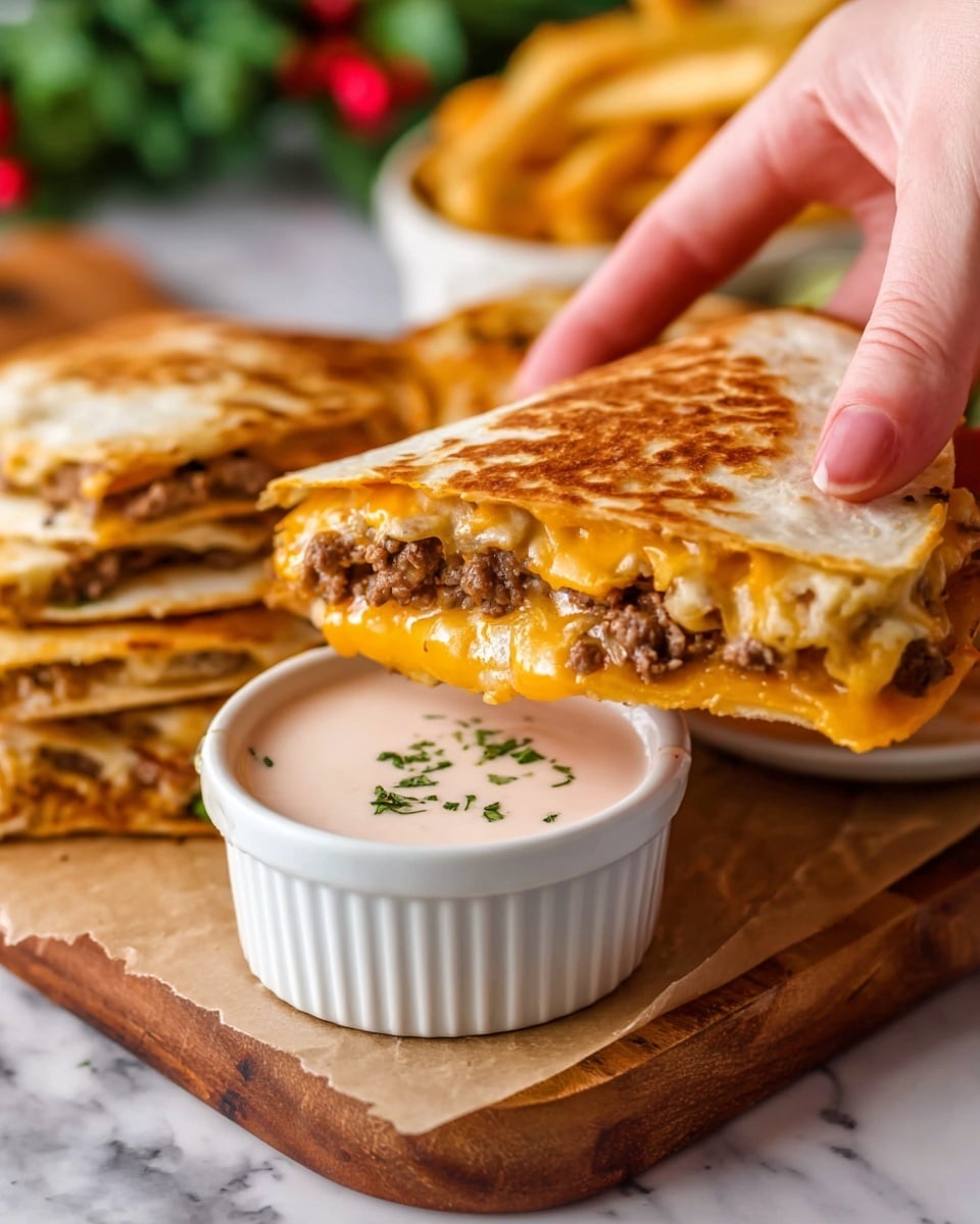 A woman's hand holds a folded quesadilla showing three layers inside: a crispy, golden-brown grilled tortilla on the top and bottom, with a rich middle layer of melted orange cheddar cheese and cooked ground beef. The quesadilla is being dipped into a white ramekin filled with creamy light pink-colored dipping sauce with small herbs. Behind, more quesadillas are stacked on a wooden board with parchment paper underneath. The scene is set on a white marbled texture surface with a blurred background of fries and green leaves with red berries. Photo taken with an iphone --ar 4:5 --v 7
