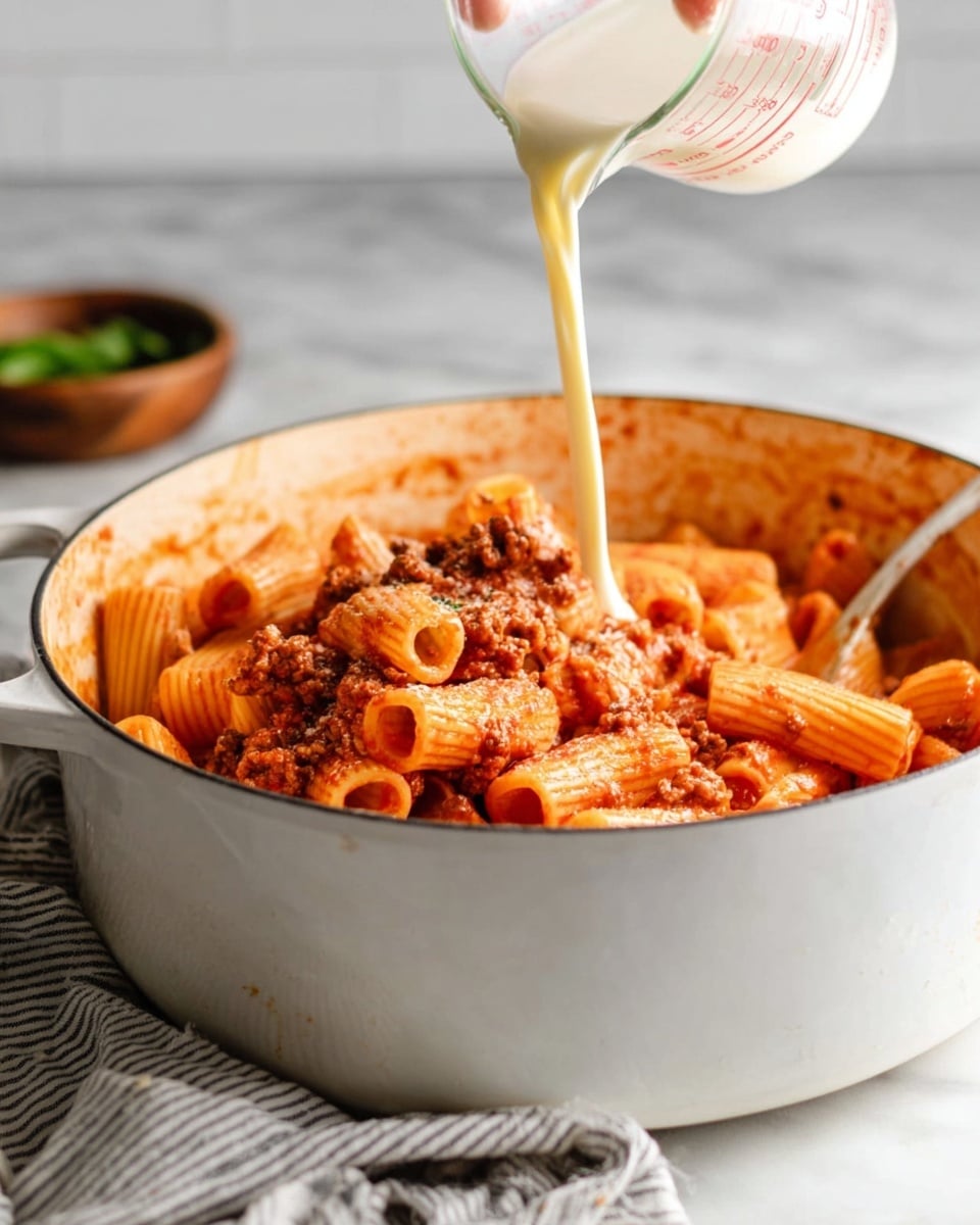A white pot filled with rigatoni pasta mixed with a red tomato and meat sauce sits on a white marbled surface with a white and black striped cloth underneath. A woman's hand is pouring a light cream-colored liquid from a clear measuring cup over the pasta. The rigatoni is coated in thick red sauce with visible ground meat bits, and the inside of the pot shows some sauce splatters. In the softly blurred background, there is a small wooden bowl with green leaves. Photo taken with an iphone --ar 4:5 --v 7