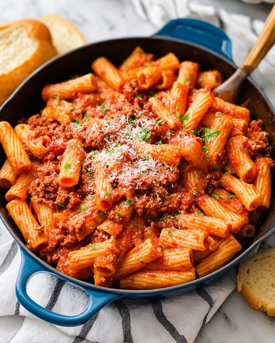 The image shows a blue-handled skillet filled with rigatoni pasta covered in a thick red tomato sauce mixed with ground meat, giving the dish a chunky texture. The pasta is coated evenly, and a light sprinkling of grated white cheese and small bits of green herbs is scattered on top for added color. The skillet rests on a white cloth with thin black stripes, placed on a white marbled surface. A piece of light golden bread is partially visible in the foreground. photo taken with an iphone --ar 4:5 --v 7