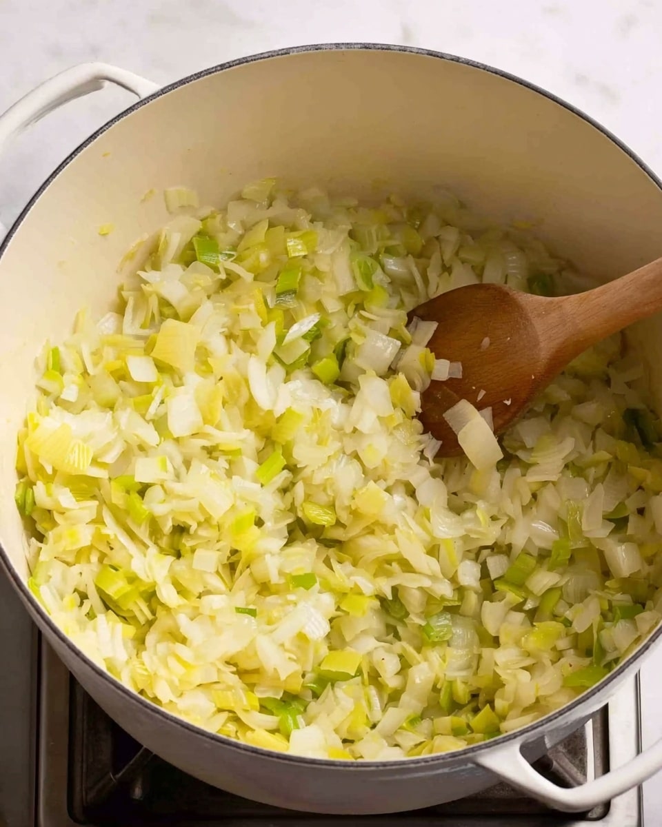 The image shows a white pot filled with small chopped pieces of onion and green leek mixed together. The vegetables are light yellow, white, and pale green in color, with a soft and slightly shiny texture as they cook. A wooden spoon is stirring the vegetables on the right side of the pot. The pot sits on a stove, and the background is a white marbled surface. The scene gives a fresh and warm feeling of cooking. photo taken with an iphone --ar 4:5 --v 7