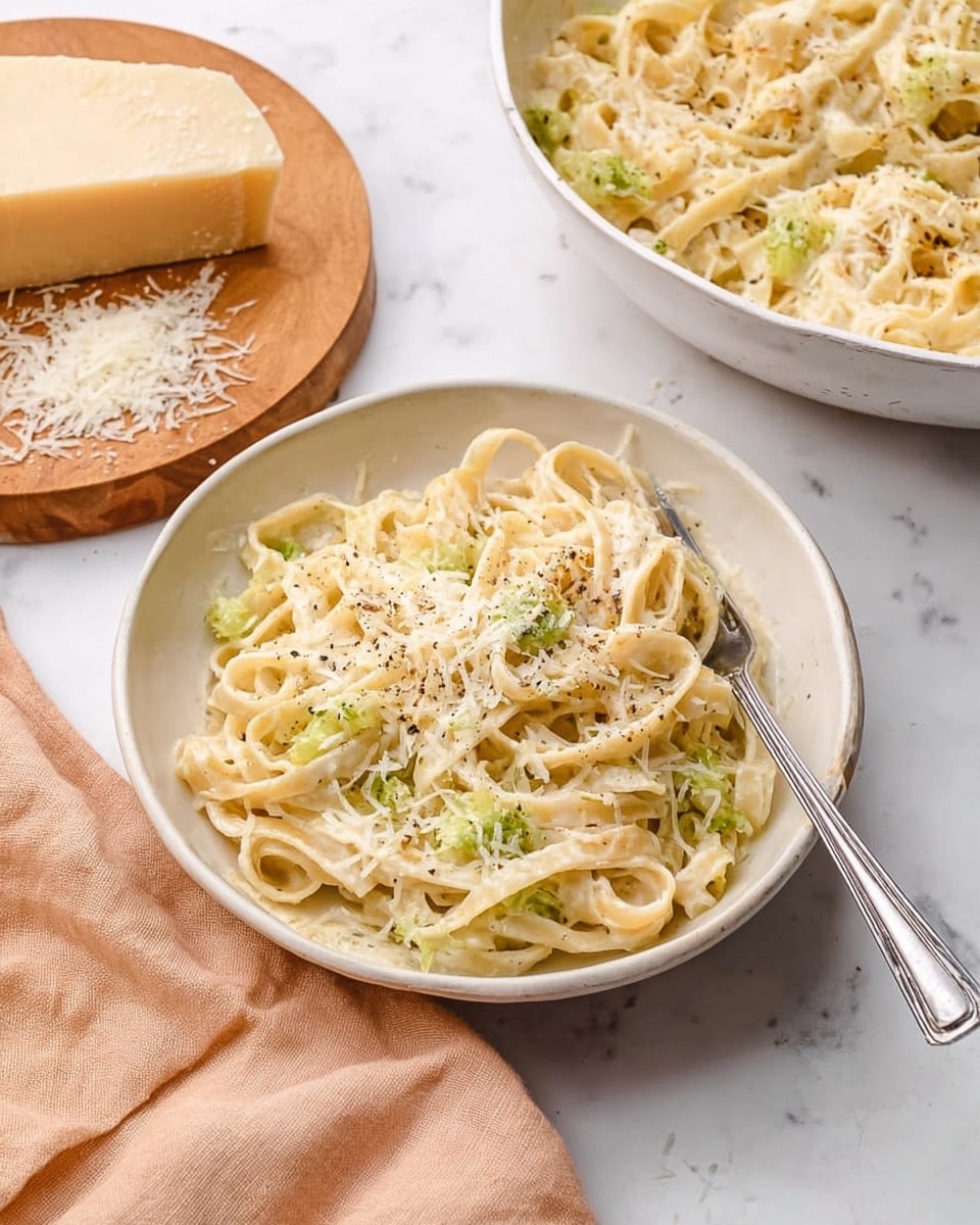 A white round bowl filled with creamy fettuccine pasta coated in a light, smooth sauce mixed with small pieces of pale green vegetable, topped with grated cheese and a sprinkle of black pepper. A silver fork rests inside the bowl on the right side. Behind the bowl is a large white bowl with more of the same pasta, and to the left, a wooden board holds a block of hard cheese with some grated cheese scattered around it. The bowl sits on a white marbled surface with a light peach cloth folded to the left side. Photo taken with an iphone --ar 4:5 --v 7