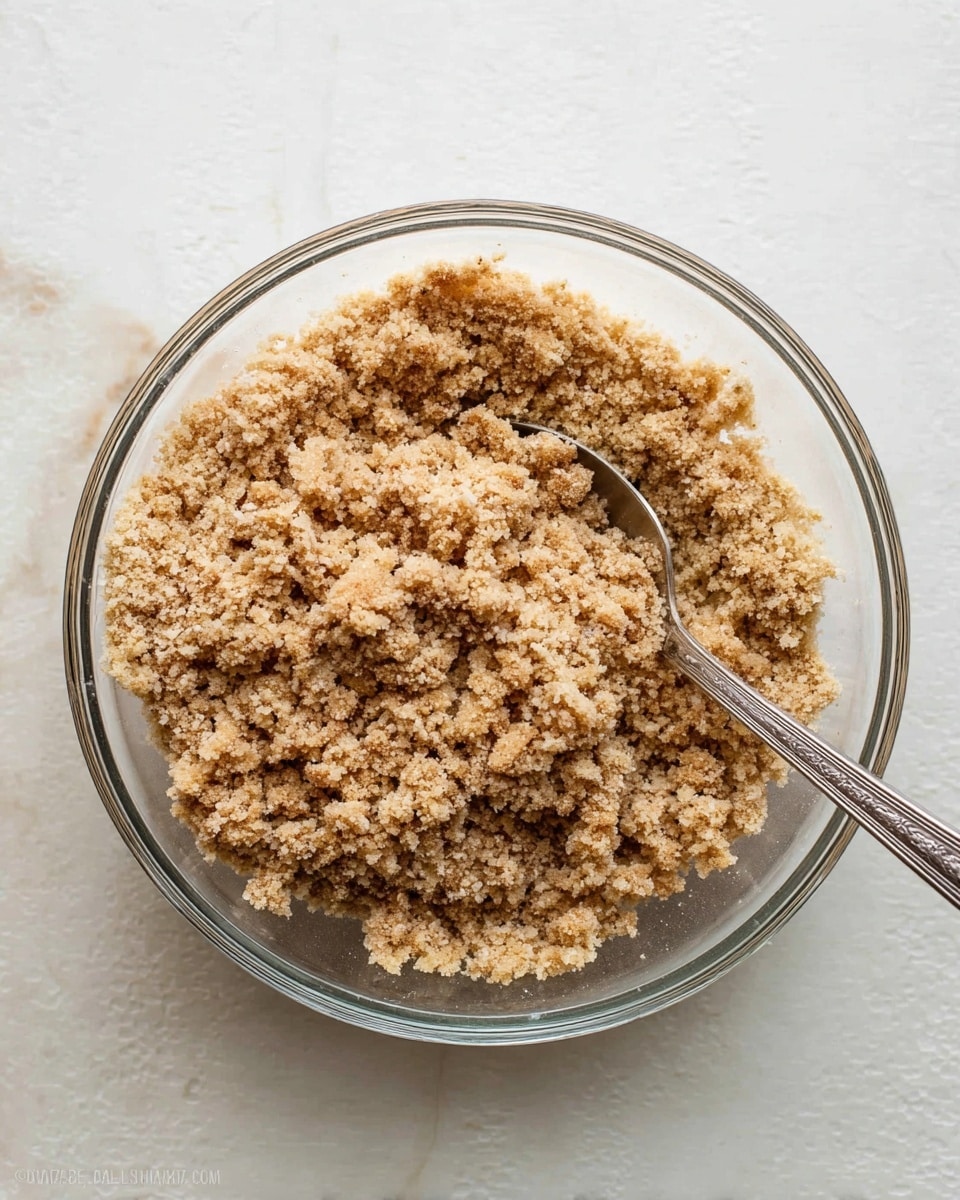 A clear glass bowl is filled with a crumbly mixture that has a light brown and beige color with small chunks throughout, giving it a rough and grainy texture. Inside the bowl, a silver spoon is partially visible, tucked into the crumbly contents on the right side of the bowl. The bowl sits on a white marbled surface, adding a clean and bright background to the image. The crumbly layer appears evenly spread in the bowl with some larger pieces mixed with finer crumbs, creating a textured and layered visual. Photo taken with an iphone --ar 4:5 --v 7