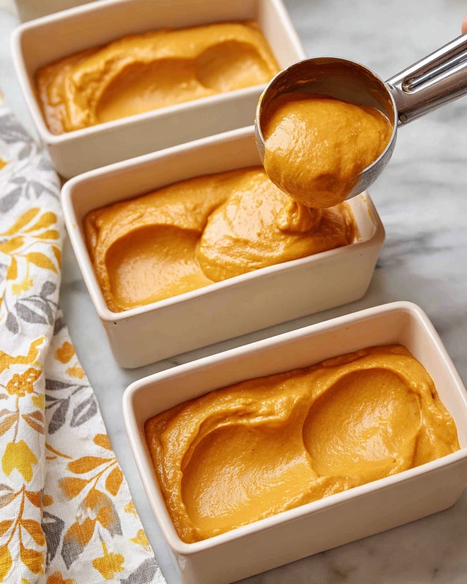 The image shows four small white rectangular baking pans, each filled with a smooth, thick orange batter. A silver ice cream scooper is pouring the orange batter into the nearest pan, creating a shiny, slightly lumpy texture that fills the pan about halfway. The pans sit on a white marbled surface, and a white napkin with yellow and gray floral prints is placed near the bottom left corner. The overall scene is bright and clean, highlighting the soft, thick batter's rich orange color. photo taken with an iphone --ar 4:5 --v 7