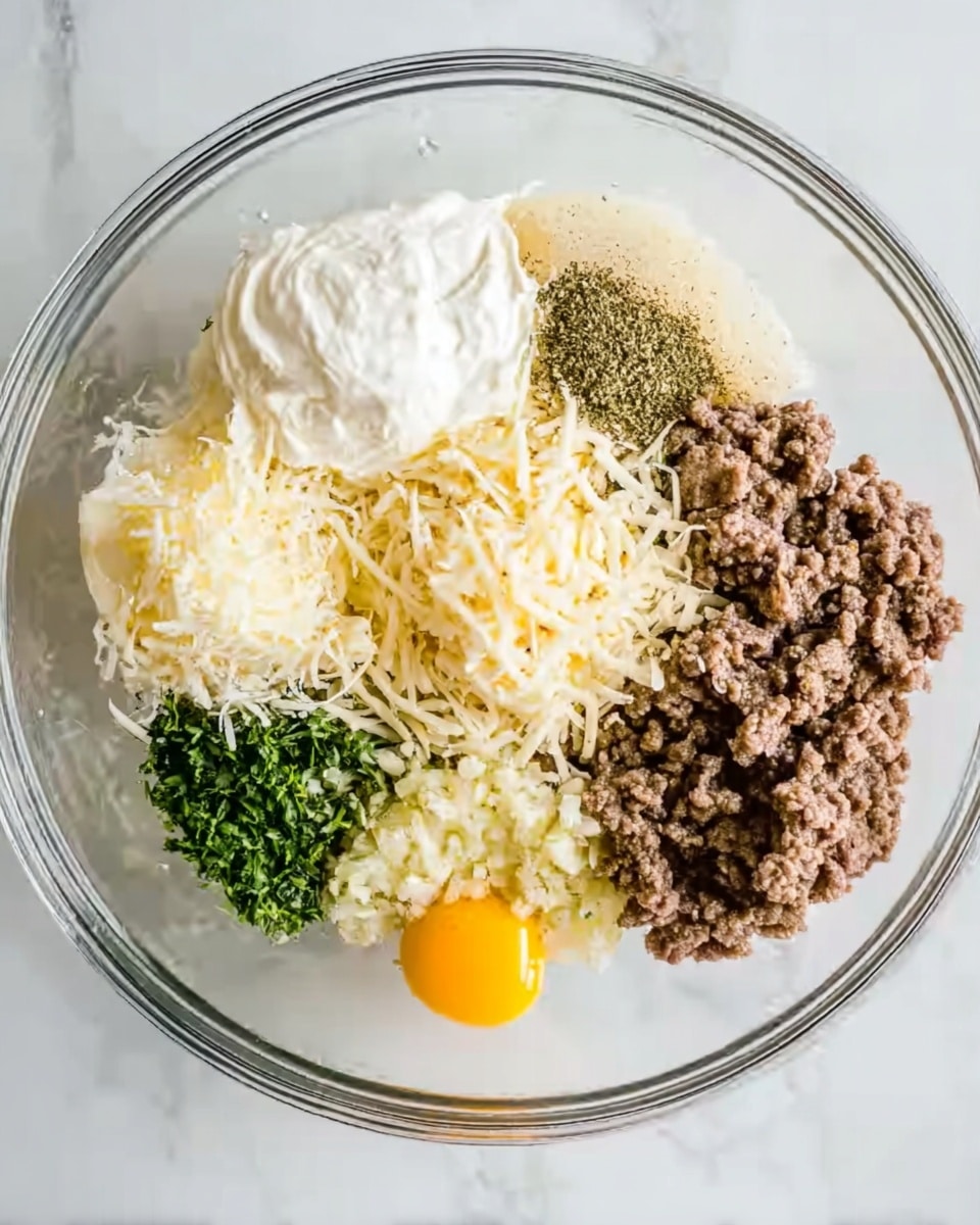 A clear glass bowl placed on a white marbled surface is filled with several separate ingredients arranged in sections. Starting from the top left and moving clockwise, there is a large dollop of white creamy substance beside a pile of brownish-green dried seasoning. Next to this is a mound of shredded white cheese with a creamy texture. Below the cheese is a heap of cooked ground meat with a rich brown color. Adjacent to the meat is a small portion of pale yellow minced garlic. Above this is a small pile of finely chopped green herbs. Completing the circle is a bright yellow egg yolk positioned near a smaller amount of shredded cheese. Photo taken with an iphone --ar 4:5 --v 7