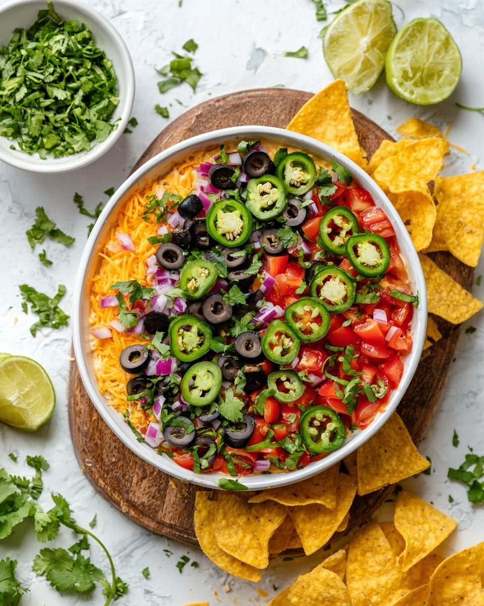 A white bowl is filled with layered dip placed on a wooden board. The bottom layer is shredded orange cheese, followed by diced red tomatoes. On top, there are sliced black olives, green jalapeño rings, chopped red onions, and fresh green cilantro leaves scattered evenly. Around the bowl, there are yellow tortilla chips and lime wedges on a white marbled surface, with some cilantro leaves scattered nearby. A small white bowl with more chopped cilantro is also visible to the left. photo taken with an iphone --ar 4:5 --v 7