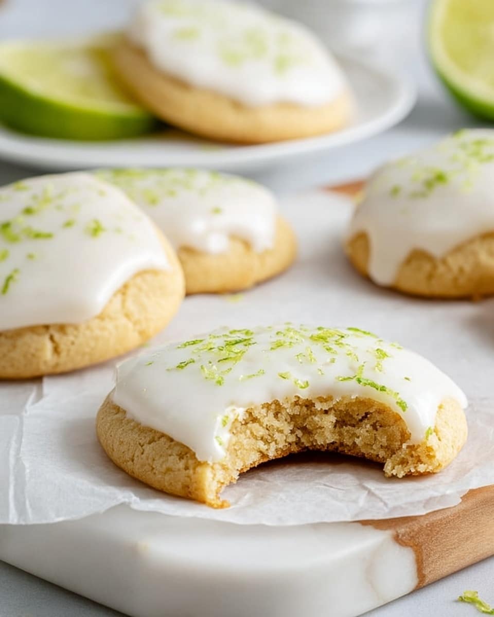 The image shows soft, round cookies with a light golden-yellow color arranged on white parchment paper placed on a wooden board and scattered on a white marbled surface. Each cookie has a smooth layer of white icing spread on top, with small green lime zest pieces sprinkled over the icing. A halved lime and a whole lime with a grater are nearby. Two textured clear glasses are filled with milk, one at the top right and the other near the bottom left. The overall scene is bright and clean, with the cookies being the main focus, presenting a fresh, inviting look. photo taken with an iphone --ar 4:5 --v 7