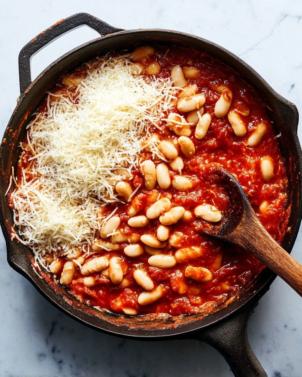 A close-up top view of a black cast iron pan filled with a thick, chunky red tomato sauce base layered with white beans scattered on top. A pile of finely shredded white cheese rests on one side of the pan, partly covering the beans. There is a wooden spoon mixing some beans into the sauce, the spoon’s rich dark wood contrasts with the bright, vivid red sauce and creamy beans. The entire pan sits on a white marbled surface. photo taken with an iphone --ar 4:5 --v 7