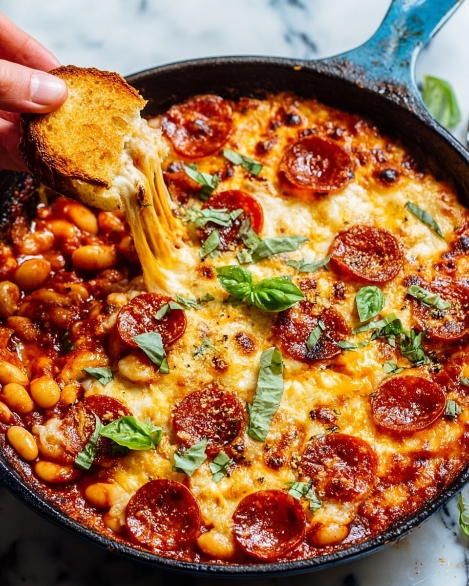 A black cast iron pan holds a dish with three visible layers: the bottom layer of white beans in a richly red-orange sauce, a middle layer of melted golden-yellow cheese with a slightly browned texture, and an upper layer covered evenly with round bright red pepperoni slices. Fresh green basil leaves, some small and some larger, are scattered on top, along with a sprinkle of white shredded cheese. The background is a white marbled surface with a small white bowl containing shredded cheese on the top left and slices of light golden brown crusty bread arranged around the pan. A red and white checkered cloth is placed under the pan’s handle. Photo taken with an iphone --ar 4:5 --v 7