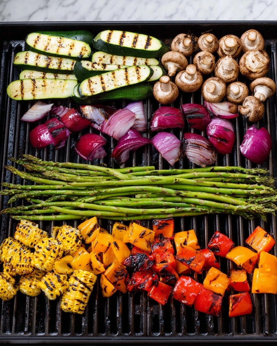The image shows a grill filled with different grilled vegetables arranged in rows. On the left, there are light green zucchini slices with dark grill marks, next to a cluster of small light brown mushrooms. In the middle, bright green asparagus spears lie horizontally, followed by a row of purple-red onion wedges. To the right, pieces of yellow corn with dark char marks are placed next to orange and red bell pepper chunks that are also grilled and slightly blackened. Everything is on a black grill surface with visible grill bars. The background and surrounding area display a white marbled texture photo taken with an iphone --ar 4:5 --v 7