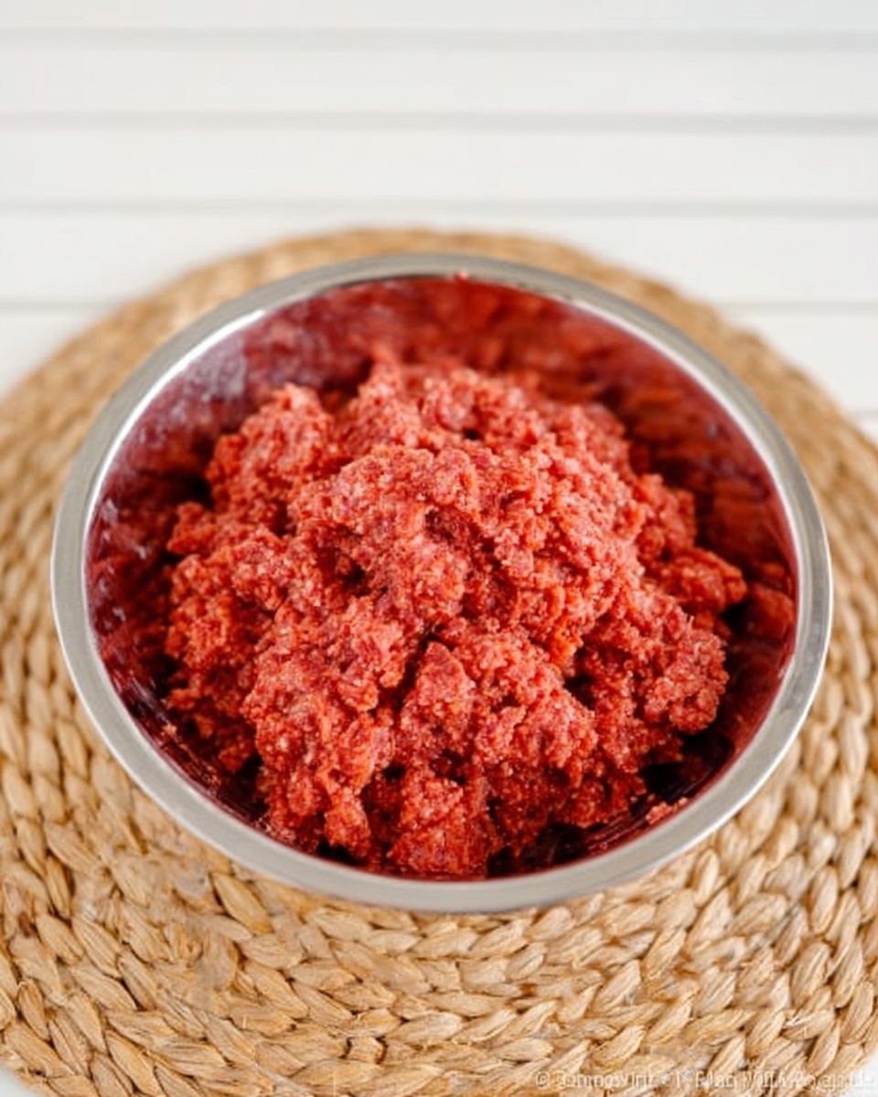 A silver metal bowl filled with a single layer of red ground meat mixture with visible small bits and moist texture, placed on a round woven straw mat on a white marbled surface with horizontal grooves in the background, photo taken with an iphone --ar 4:5 --v 7