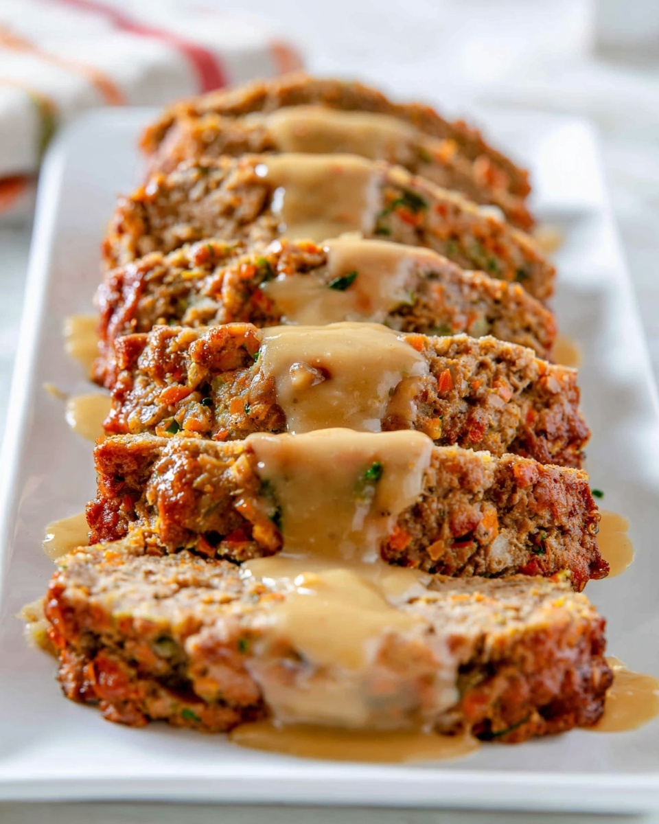 A row of thick, oval-shaped slices of meatloaf is arranged on a long white plate, each slice showing a moist texture with bits of vegetables inside. The meatloaf slices are a deep brown outside with a slightly crumbly surface, and inside you see orange and green bits mixed in. A creamy, light brown gravy is poured over the middle of each slice, spreading slightly over the edges and pooling a little on the plate. The plate is set on a white marbled surface with a soft focus on the background, giving the dish a warm and cozy feel. Photo taken with an iphone --ar 4:5 --v 7