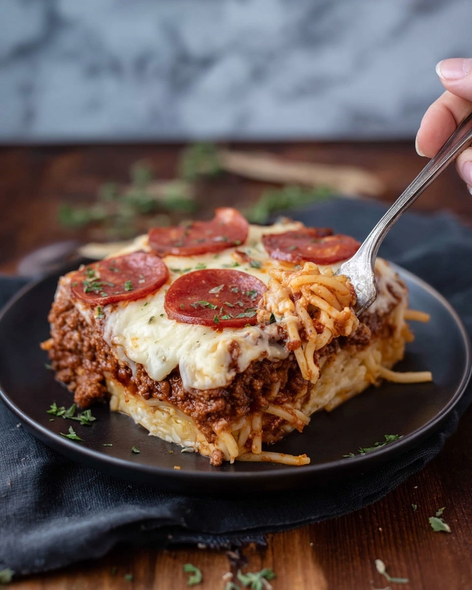 A square slice of baked spaghetti dish is on a dark plate set on a wooden table with a dark cloth underneath. The dish has four layers: at the bottom, a light golden baked pasta layer with visible strands of spaghetti, above that a thick layer of rich brown cooked meat sauce, then a creamy layer of melted white cheese mixed with a light orange sauce, and on top, several round, reddish-brown pepperoni slices sprinkled with bits of green herbs. A woman's hand is holding a fork lifting a bite from the front left corner, showing the layers clearly. Some small herb pieces are scattered around the plate edges. The background is a white marbled texture. Photo taken with an iphone --ar 4:5 --v 7