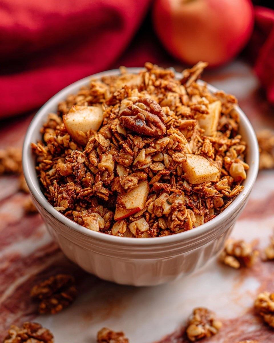 A wooden spoon scoops a large amount of golden brown granola filled with oat flakes and small chunks of nuts and seeds. The granola looks crisp and toasted with varied shades of light to dark brown. It is placed on a silver baking tray that rests on a white marbled surface. A red and white checkered cloth is slightly visible on the side. photo taken with an iphone --ar 4:5 --v 7