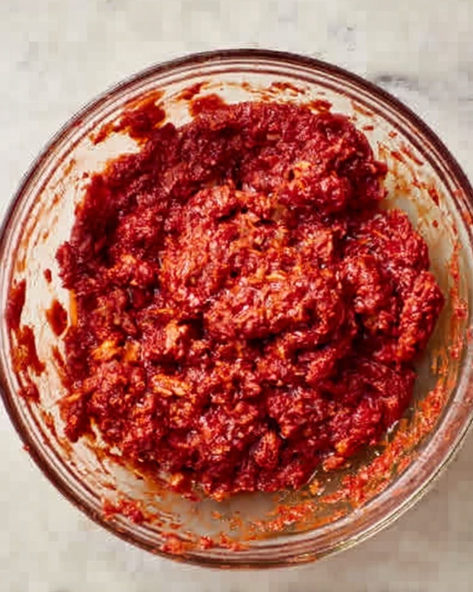 The image shows a clear glass bowl filled with a thick, chunky red mixture that looks like marinated meat combined with red spices and tomato paste. The mixture has a rough texture with visible bits of meat and sauce unevenly spread inside the bowl. The bowl is placed on a white marbled surface with some smudges of the red sauce on the sides of the bowl, giving it a fresh, messy appearance. photo taken with an iphone --ar 4:5 --v 7