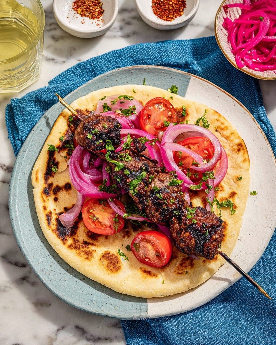 A flat, round toasted flatbread lies at the bottom on a white plate with a light blue edge, showing golden brown and slightly spotted textures. On top, a grilled, dark brown meat skewer with char marks is placed diagonally. Underneath and around the skewer are bright pink onion slices and large, vibrant red tomato wedges. Green chopped herbs are scattered over the ingredients, adding fresh color. The plate sits on a white marbled surface with a blue cloth napkin nearby. In the background, there is a small white bowl with pink pickled onions and another small bowl with red seasoning, alongside a glass of light yellow liquid. photo taken with an iphone --ar 4:5 --v 7
