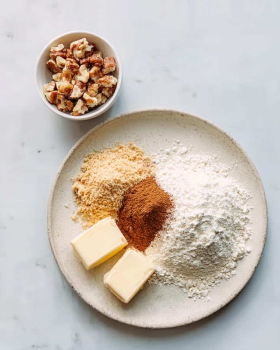 The image shows a white round plate on a white marbled surface with four separate ingredients neatly placed in small piles. There are two small cubes of pale yellow butter at the front of the plate. To the left is a small mound of light brown, soft-looking crushed nuts or crumbs. Next to it is a darker brown powder, likely cinnamon or another spice, forming a small pile. On the right side of the plate is a larger pile of white flour. In the top left corner of the image, there is a small white bowl filled with an uneven mix of brown and beige chunks, possibly chopped nuts or dried fruit. The photo has soft natural light and a clean, simple look, photo taken with an iphone --ar 4:5 --v 7