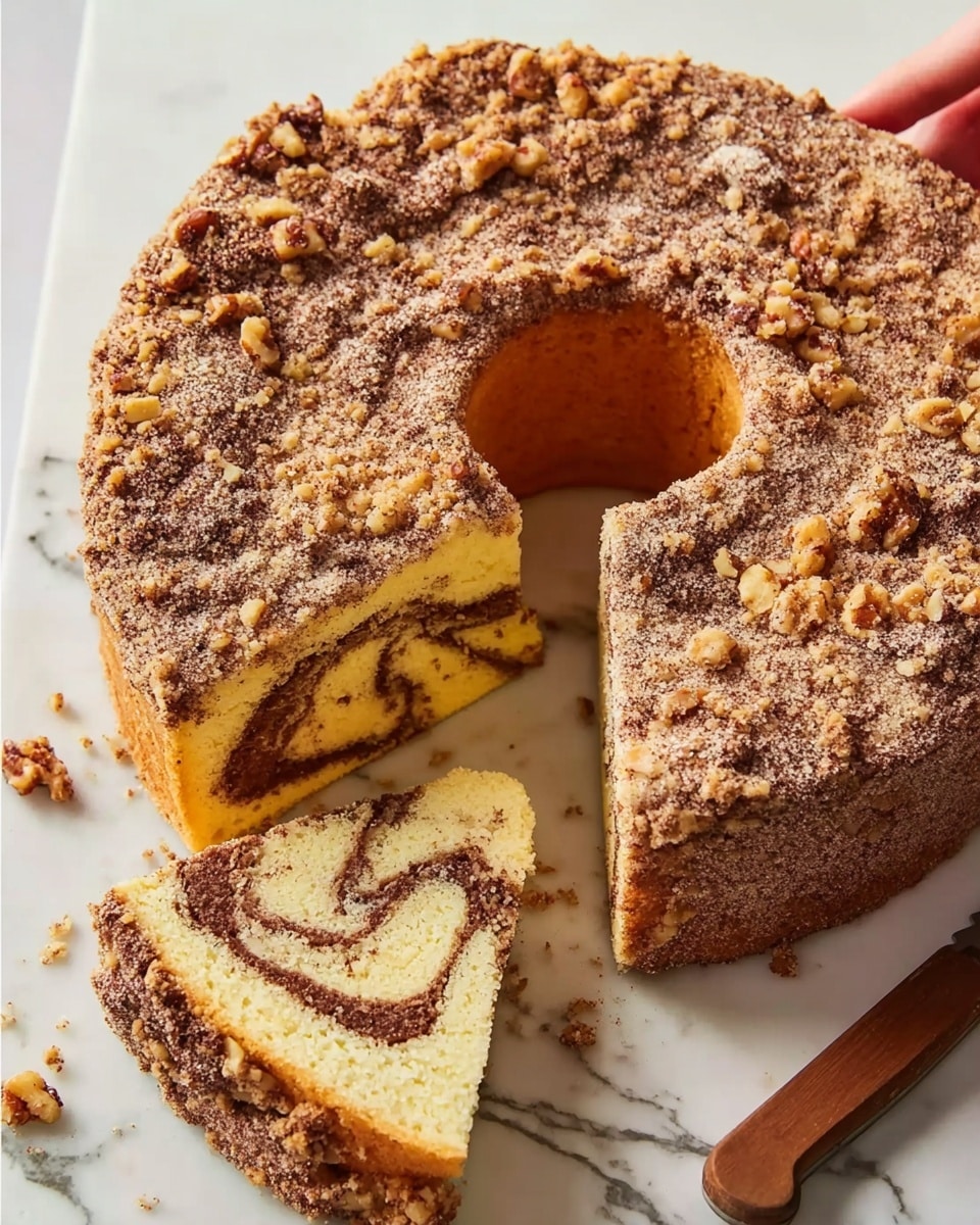 The image shows a thick round cake with a crumb topping on a white plate. The cake has three visible layers inside with light yellow soft cake separated by thin swirls of brown cinnamon and small bits of nuts. The crumb topping is golden brown and crumbly with bits falling on the plate. Behind the cake, there is a glass jug with dark coffee on a wooden coaster and a pink cloth on the white marbled surface. The background is plain and light. Photo taken with an iphone --ar 4:5 --v 7