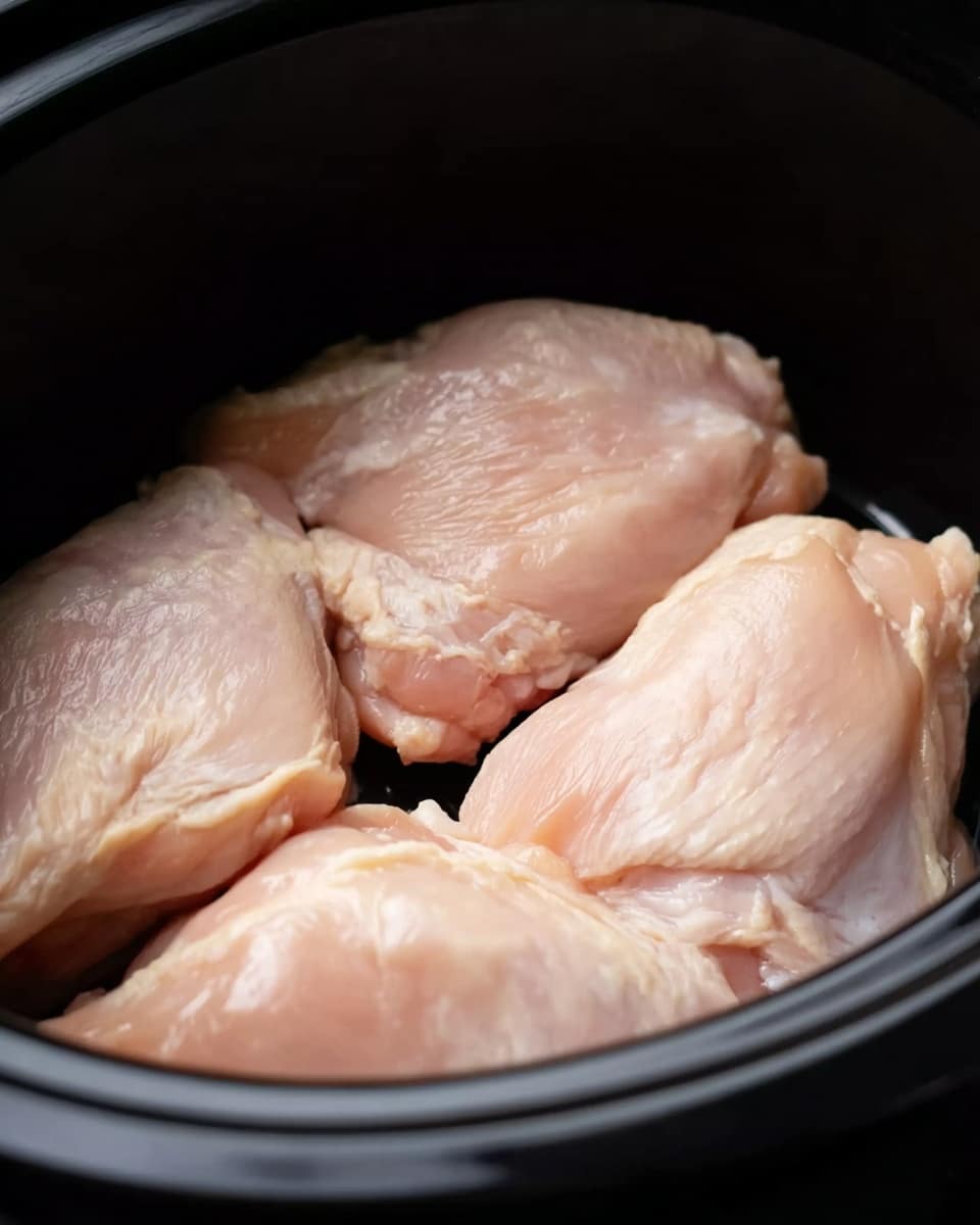 A close-up image showing four raw pieces of chicken inside a black slow cooker or pot. The chicken pieces vary slightly in size and are pale pink with smooth, moist surfaces, arranged closely together at the bottom of the pot. The black interior of the pot contrasts with the light color of the chicken, making the pieces stand out clearly. The background is not visible, focusing all attention on the raw chicken in the pot. photo taken with an iphone --ar 4:5 --v 7