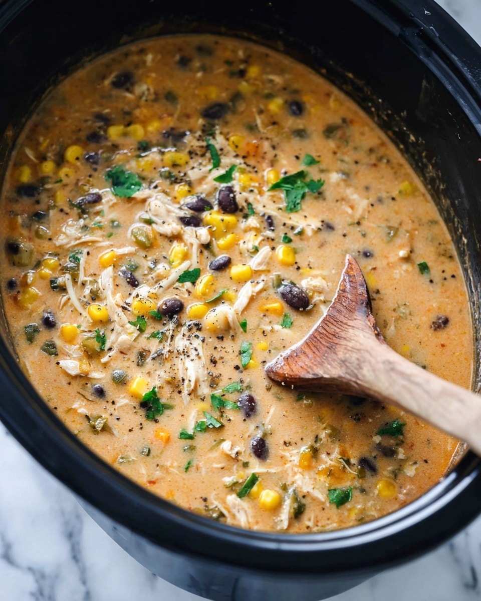 The image shows a black pot filled with a creamy, light orange soup mixed with yellow corn kernels, black beans, and shredded white chicken. The soup's surface is dotted with chopped green herbs and black pepper, adding texture and color. A wooden spoon is placed in the pot, partially submerged in the soup, with the handle stretching out to the right side. The background is a white marbled texture. photo taken with an iphone --ar 4:5 --v 7