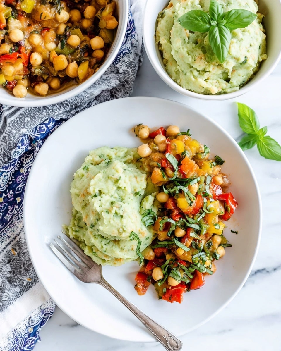 A white plate holds two main layers: on the left side is a mound of pale green, creamy mashed potatoes with a slightly chunky texture, and on the right side is a colorful mixture of cooked chickpeas, diced red and yellow peppers, and onions, topped with chopped fresh green herbs. A fork rests on the right side of the plate. Above the plate are two white bowls, one filled with the same pale green mashed potatoes garnished with a sprig of fresh basil, and the other filled with the cooked chickpea and vegetable mixture. The dishes are set on a white marbled surface, with part of a blue, gray, and white patterned cloth visible underneath the bowl of mashed potatoes. Photo taken with an iphone --ar 4:5 --v 7
