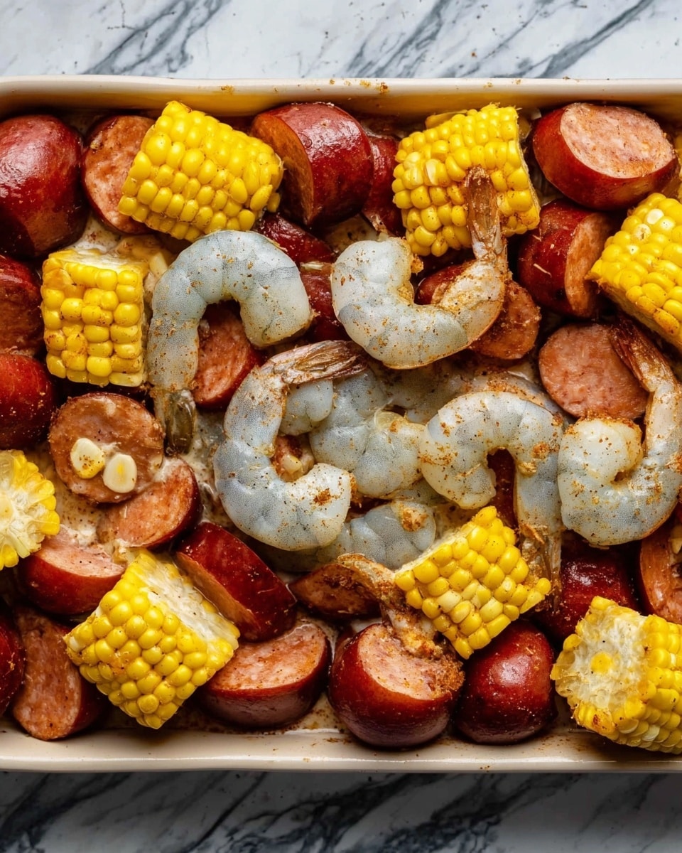 The image shows a dish with three main layers. On the bottom, there are dark red slices of sausage and whole red potatoes with a smooth texture. The middle layer has large raw shrimp with a bluish-gray color and some seasoning on the surface. The top layer contains bright yellow corn pieces cut into small sections. All the ingredients are mixed closely and placed on a white marbled surface. photo taken with an iphone --ar 4:5 --v 7