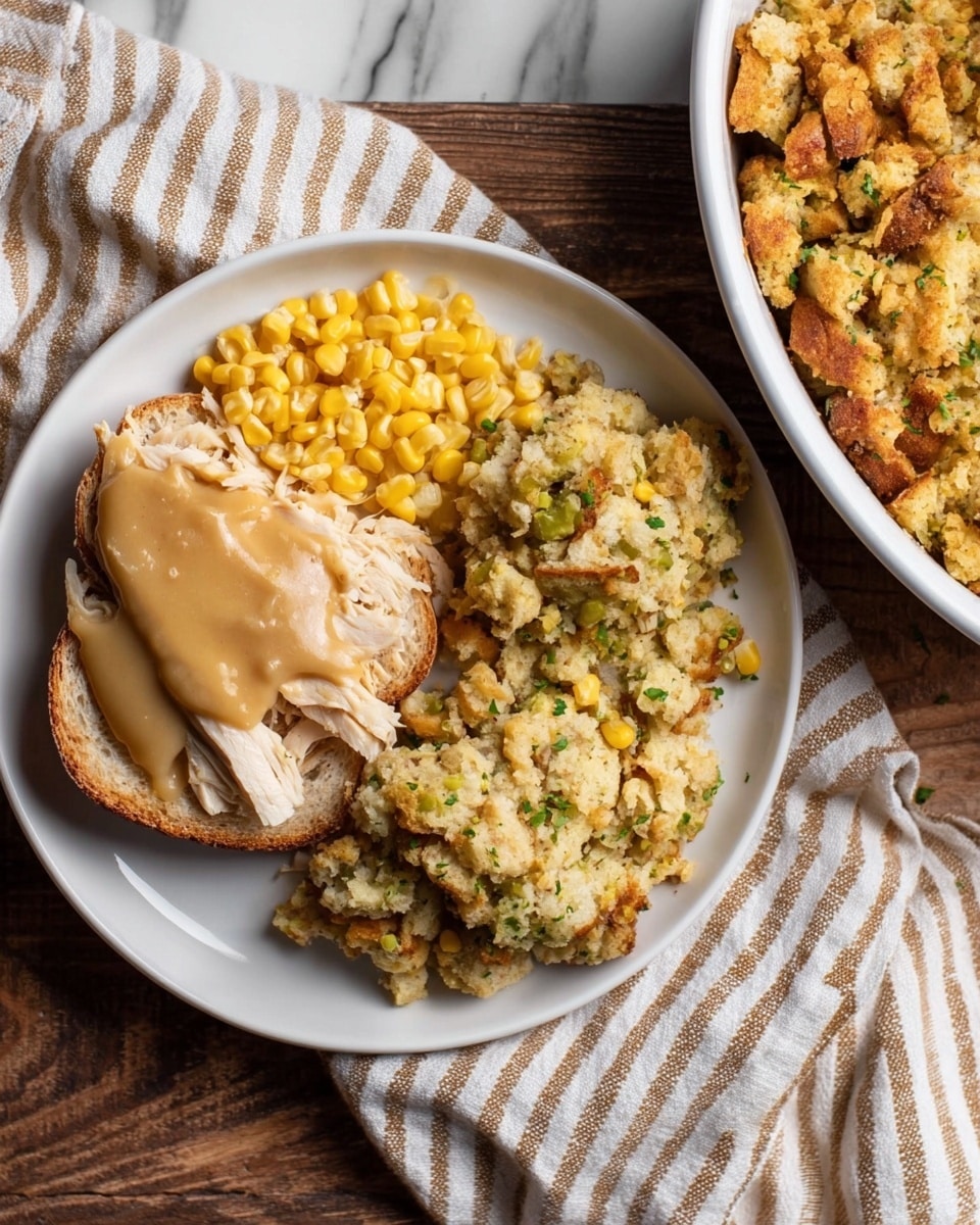 A white round plate holds a meal with three parts: two slices of toasted bread at the bottom topped with shredded light beige turkey meat covered in smooth, light brown gravy, a mound of bright yellow corn kernels placed at the top left side, and a scoop of golden-brown stuffing with visible bits of green herbs and bread crumbs arranged on the right side. Next to the plate on the right is a white dish filled with more stuffing showing the same mixed texture. The scene is set on a dark wooden surface with a beige and white striped cloth in the background, all on a white marbled texture. Photo taken with an iphone --ar 4:5 --v 7