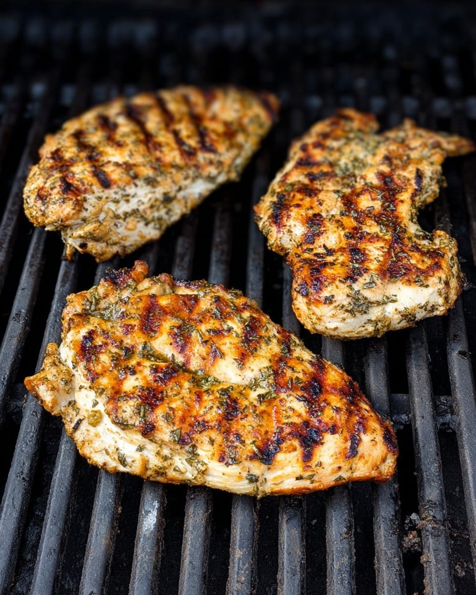 Three large pieces of grilled chicken sit on a dark metal grill with clear, dark brown grill marks on each piece. The chicken is seasoned with visible herbs and spices, showing a mix of light golden brown and slightly charred areas. The shape of the pieces is uneven and natural, with a textured surface that shows the herbs and a slight crispiness on the edges. The background beneath the grill is not visible, focusing fully on the grilled chicken. photo taken with an iphone --ar 4:5 --v 7