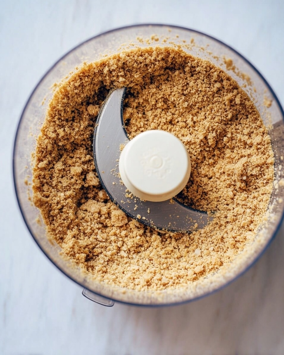 A close-up top view of a clear food processor bowl filled with crushed light brown crumbs with some small chunks visible, surrounding a central white plastic piece and a shiny curved metal blade inside. The bowl sits on a white marbled surface, and the image is brightly lit, showing fine crumb texture and clean edges inside the bowl. Photo taken with an iphone --ar 4:5 --v 7