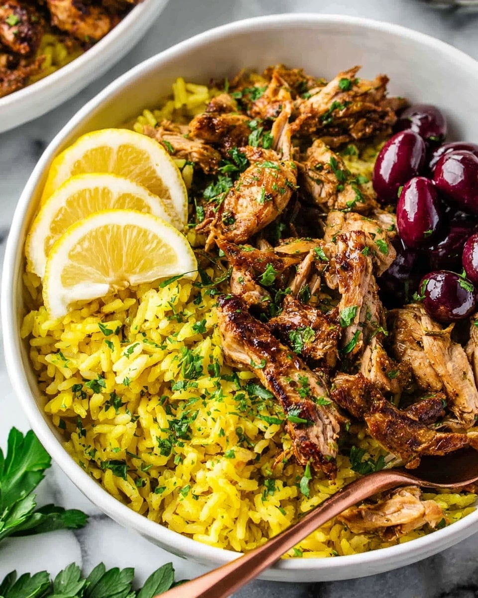 The image shows a white bowl filled with three layers: the bottom layer is yellow rice mixed with herbs, the middle layer is shredded seasoned cooked chicken, and on top there is a wedge of lemon and a few dark purple olives, garnished with chopped green herbs. A copper fork rests inside the bowl. Around the bowl, there is fresh green parsley on a white marbled surface, with two more white bowls, one with a similar chicken and rice mix and the other containing yellow rice topped with light brown pine nuts and raisins. A gray cloth with fringed edges is placed near the top left corner. Photo taken with an iphone --ar 4:5 --v 7