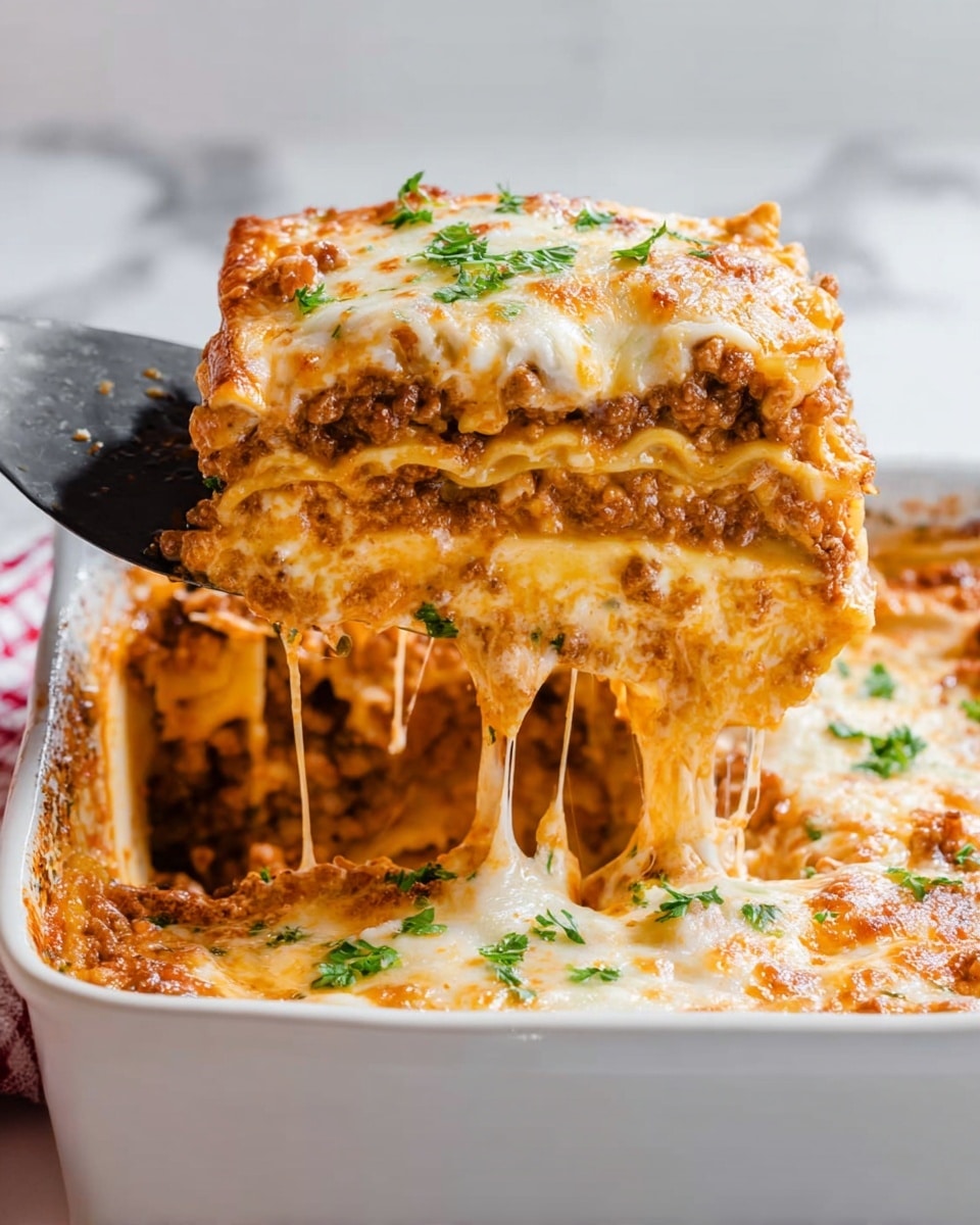 A white plate with a thick slice of lasagna showing five layers, each with different colors and textures. The bottom layer is light yellow pasta, topped by a creamy white cheese layer with some melted edges. Above this is a layer of brown ground meat mixed with red tomato sauce. The next layer is another sheet of pasta, followed by more meat sauce. The top layer is golden melted cheese with browned spots, sprinkled with small green parsley leaves. A vintage silver fork rests on the plate beside the lasagna. The background is a white marbled surface with a red and white cloth slightly out of focus. Photo taken with an iphone --ar 4:5 --v 7